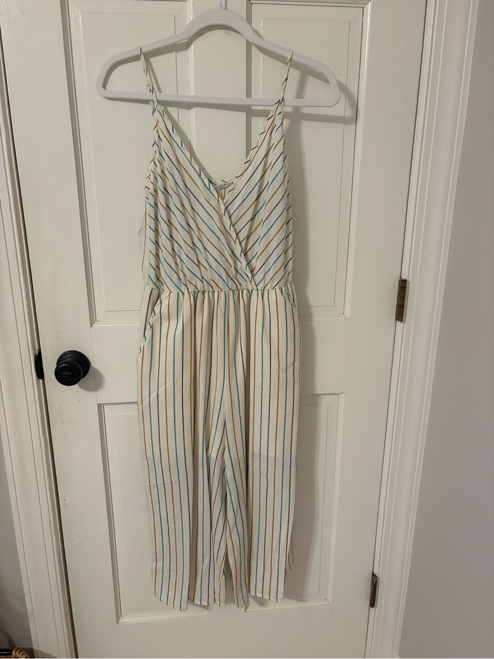 Striped Cream and Teal Cropped Wide-Leg Jumpsuit